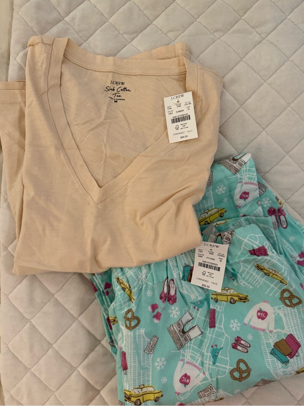 NWT J. Crew Women’s Cream V-Neck Tee & Aqua Printed Pajama Pants Set
